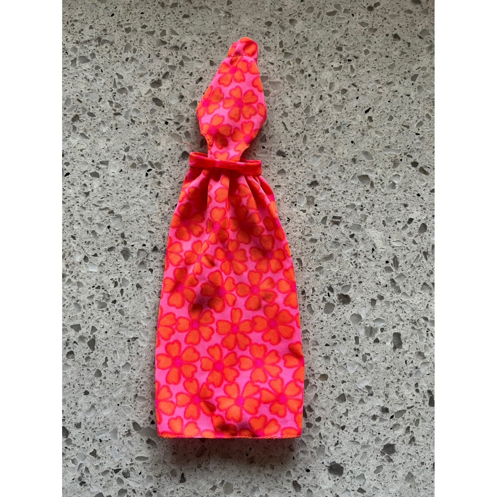 1973 Barbie Pink Orange Floral Halter Neck Doll Dress Neon Retro Cutout Gown